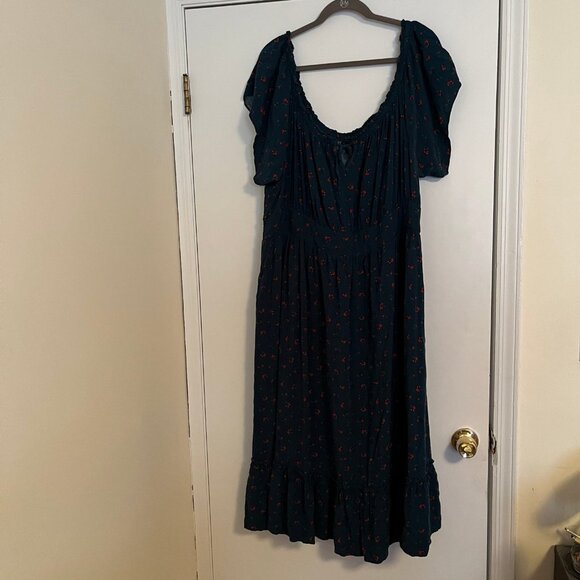 Torrid Size 4 Tea Length Challis Off-Shoulder Dress Blue-Green Florals - Picture 5 of 7
